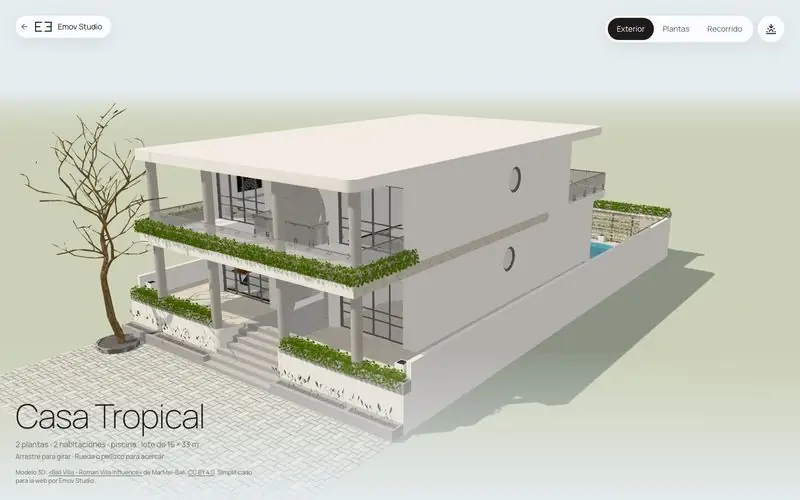 Modelo 3D de una casa de dos plantas con piscina, vista desde afuera en el navegador