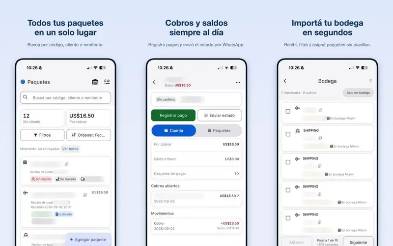Tres pantallas de la app MyBox: paquetes, cobros y bodega